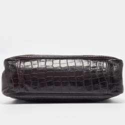 Pre Owned Longchamp Dark Brown Croc Embossed Leather Roseau Tote