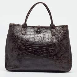 Pre Owned Longchamp Dark Brown Croc Embossed Leather Roseau Tote