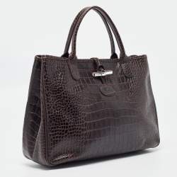 Pre Owned Longchamp Dark Brown Croc Embossed Leather Roseau Tote