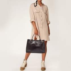Pre Owned Longchamp Dark Brown Croc Embossed Leather Roseau Tote