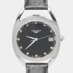 Longines Black Diamond Stainless Steel Leather Equestrian L6.138.4.57.0 Women's Wristwatch 34 mm
