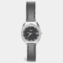 Longines Black Diamond Stainless Steel Leather Equestrian L6.138.4.57.0 Women's Wristwatch 34 mm