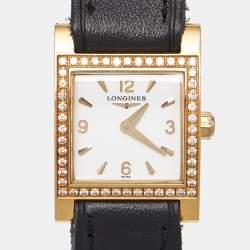 Longines White 18K Yellow Gold Diamond Leather DolceVita L5.166.7.16.2 Women's Wristwatch 21 mm