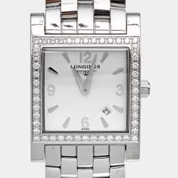 Pre Owned Longines White Stainless Steel Diamond DolceVita L5.503.0 Women's Wristwatch 24 mm