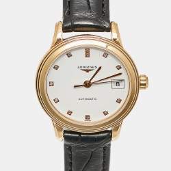 Pre Owned Longines White Diamonds 18k Rose Gold Alligator Flagship L4.274.8.27.2 Women's Wristwatch 26 mm 