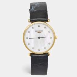 Pre Owned Longines Mother of Pearl Diamonds Gold Plated Stainless Steel Alligator La Grande Classique L4.512.2.87.2 Women's Wristwatch 29 mm