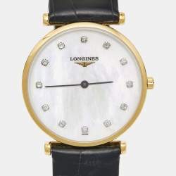 Pre Owned Longines Mother of Pearl Diamonds Gold Plated Stainless Steel Alligator La Grande Classique L4.512.2.87.2 Women's Wristwatch 29 mm