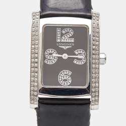 Longines Black Stainless Steel Diamond Leather Dolce Vita L5.502.0.51.2 Women's Wristwatch 22.5 mm 