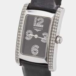 Longines Black Stainless Steel Diamond Leather Dolce Vita L5.502.0.51.2 Women's Wristwatch 22.5 mm 