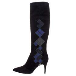 Loriblu Black Abstract Embellished Suede Knee High Boots Size 41