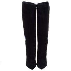 Loriblu Black Abstract Embellished Suede Knee High Boots Size 41