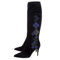 Loriblu Black Abstract Embellished Suede Knee High Boots Size 41