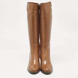 مملوكة مسبقًا Loriblu Brown Leather Weave Detail Knee High Boots Size 38.5