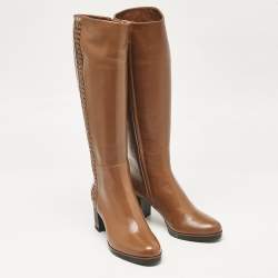 مملوكة مسبقًا Loriblu Brown Leather Weave Detail Knee High Boots Size 38.5