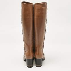 مملوكة مسبقًا Loriblu Brown Leather Weave Detail Knee High Boots Size 38.5
