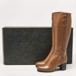 مملوكة مسبقًا Loriblu Brown Leather Weave Detail Knee High Boots Size 38.5