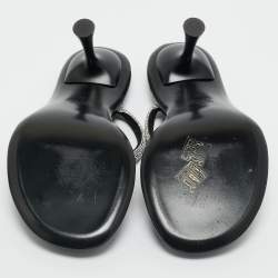 Pre Owned Loriblu Silver/Black Crystals and Leather Dual Stiletto Heel Slide Sandals Size 38