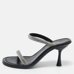 Pre Owned Loriblu Silver/Black Crystals and Leather Dual Stiletto Heel Slide Sandals Size 38