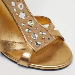 Pre Owned Loriblu Gold Leather Crystal Embellished Ankle Strap Sandals Size 38.5