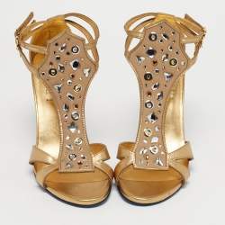 Pre Owned Loriblu Gold Leather Crystal Embellished Ankle Strap Sandals Size 38.5