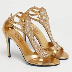 Pre Owned Loriblu Gold Leather Crystal Embellished Ankle Strap Sandals Size 38.5