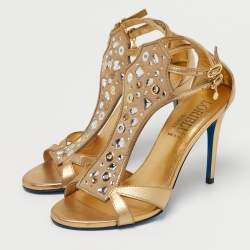 Pre Owned Loriblu Gold Leather Crystal Embellished Ankle Strap Sandals Size 38.5