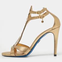 Pre Owned Loriblu Gold Leather Crystal Embellished Ankle Strap Sandals Size 38.5