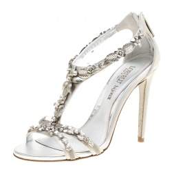 Pre Owned Loriblu Bijoux Grey Satin Floral Embellished Crystal Studded Sandals Size 38.5