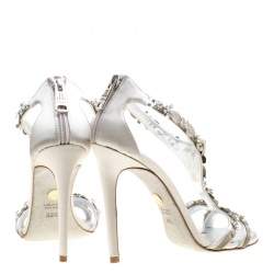 Pre Owned Loriblu Bijoux Grey Satin Floral Embellished Crystal Studded Sandals Size 38.5