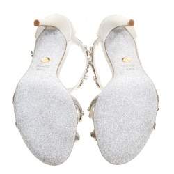 Pre Owned Loriblu Bijoux Grey Satin Floral Embellished Crystal Studded Sandals Size 38.5