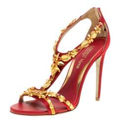 Pre Owned Loriblu Bijoux Red Satin Floral Embellished Crystal Studded Sandals Size 40