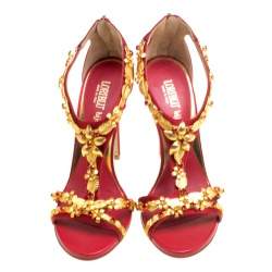 Pre Owned Loriblu Bijoux Red Satin Floral Embellished Crystal Studded Sandals Size 40