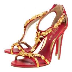 Pre Owned Loriblu Bijoux Red Satin Floral Embellished Crystal Studded Sandals Size 40