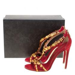 Pre Owned Loriblu Bijoux Red Satin Floral Embellished Crystal Studded Sandals Size 40