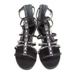 Pre Owned Loriblu Black Leather Crystal Embellished Gladiator Flat Sandals Size 38