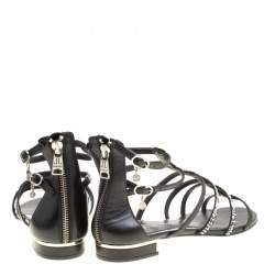 Pre Owned Loriblu Black Leather Crystal Embellished Gladiator Flat Sandals Size 38