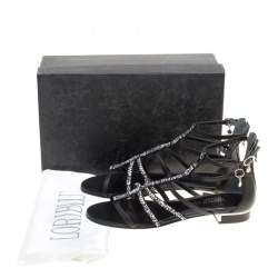 Pre Owned Loriblu Black Leather Crystal Embellished Gladiator Flat Sandals Size 38