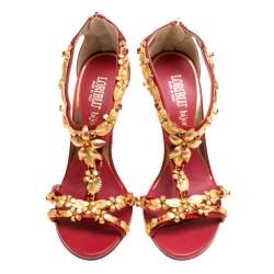 Pre Owned Loriblu Bijoux Red Satin Floral Embellished Crystal Studded Sandals Size 36