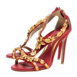 Pre Owned Loriblu Bijoux Red Satin Floral Embellished Crystal Studded Sandals Size 36