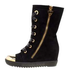 Loriblu Black Suede Metal Cap Toe Wedge Heel Calf Boots Size 36