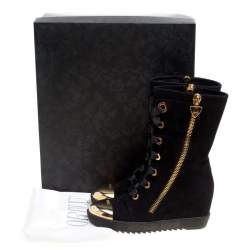 Loriblu Black Suede Metal Cap Toe Wedge Heel Calf Boots Size 36