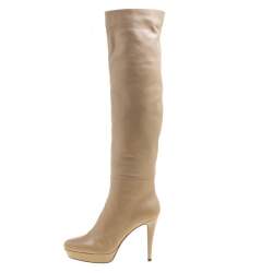 Pre Owned Loriblu Beige Leather Faux Fur Lined Platform Knee Length Boots Size 40