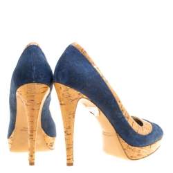 Pre Owned Loriblu Blue/Beige Suede and Cork Print Patent Leather Peep Toe Platform Pumps Size 40