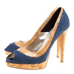 Pre Owned Loriblu Blue/Beige Suede and Cork Print Patent Leather Peep Toe Platform Pumps Size 40