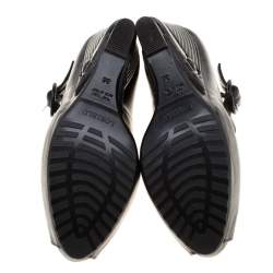 Pre Owned Loriblu Black Leather Wedge Peep Toe Mary Jane Pumps Size 36