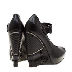 Pre Owned Loriblu Black Leather Wedge Peep Toe Mary Jane Pumps Size 36