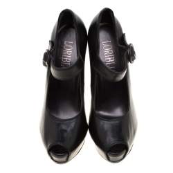 Pre Owned Loriblu Black Leather Wedge Peep Toe Mary Jane Pumps Size 36