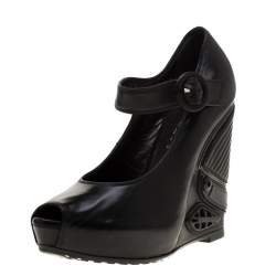 Pre Owned Loriblu Black Leather Wedge Peep Toe Mary Jane Pumps Size 36