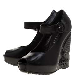 Pre Owned Loriblu Black Leather Wedge Peep Toe Mary Jane Pumps Size 36