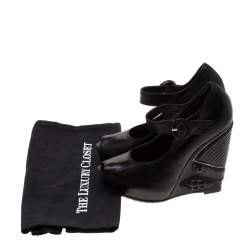 Pre Owned Loriblu Black Leather Wedge Peep Toe Mary Jane Pumps Size 36